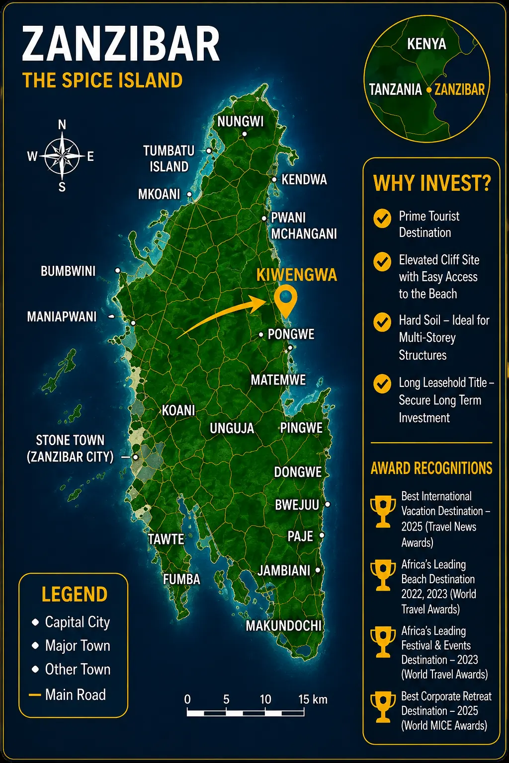 Map of Zanzibar with Kiwengwa location, Why Invest and Award Recognitions