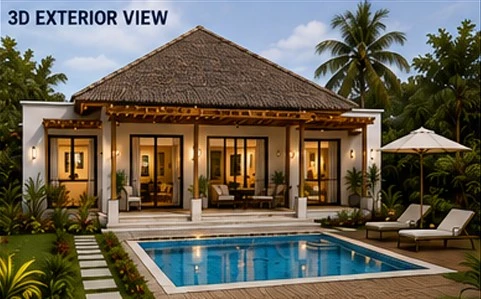 3D exterior render of the villa with pool and tropical landscaping
