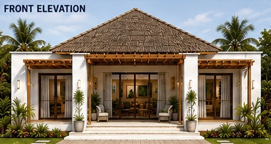 Front elevation render of the 2 bedroom tropical modern villa