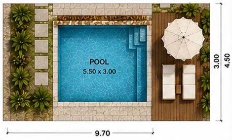 Top view layout of the villa's private swimming pool and deck