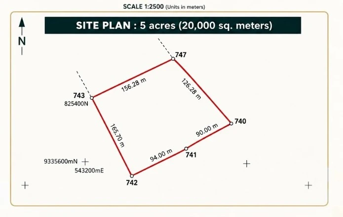Official surveyed site plan of the 5-acre Kiwengwa plot, north region, scale 1:2500