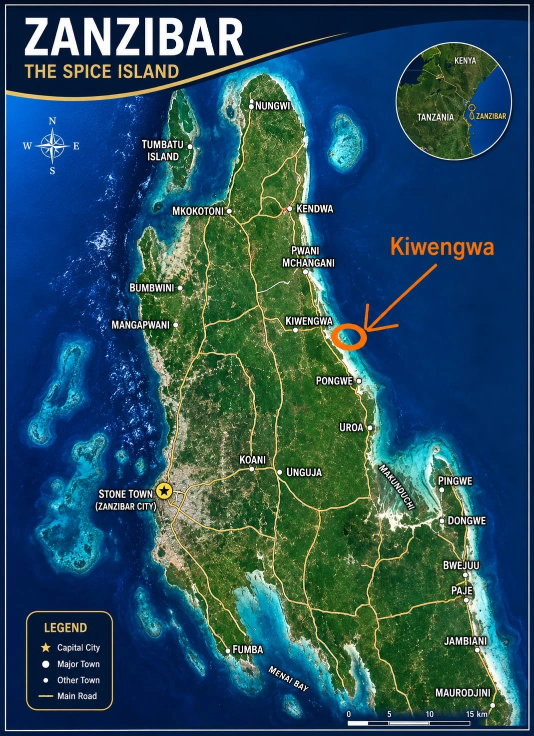 Map showing Kiwengwa location on Zanzibar island